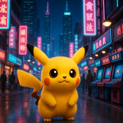 Pikachu in neon-lit Tokyo street