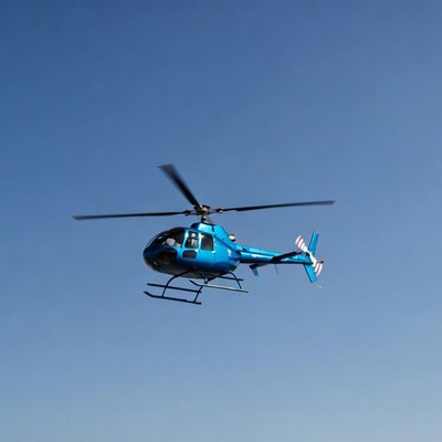 Blue helicopter flying in sky