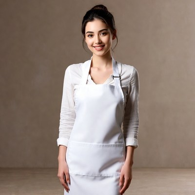 Asian woman wearing white apron