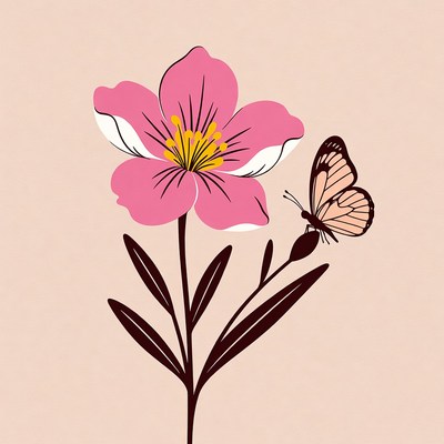 Pink Flower with Butterfly Illustration