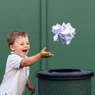 Boy throwing crumpled paper into trash can