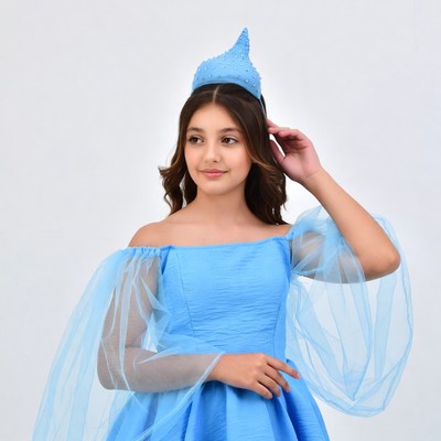 Girl in blue fairy dress with cone hat