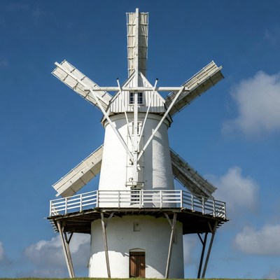 White windmill on grassy hill