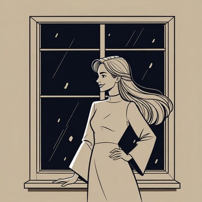 Blonde woman gazing out snowy window
