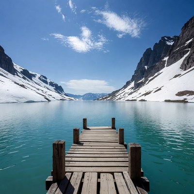 Wooden pier over turquoise mountain lake