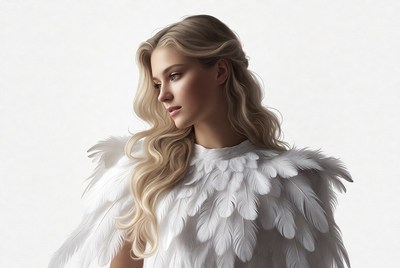 Blonde woman in feathered angel cape