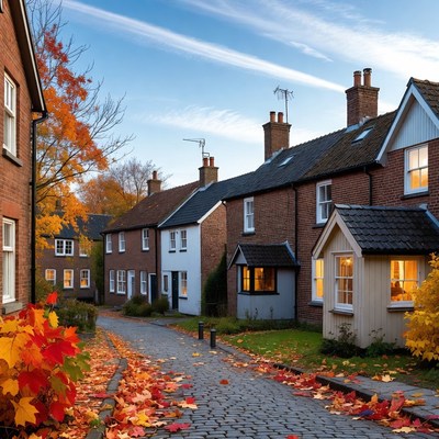 Autumn Cobblestone Street with Brick Houses