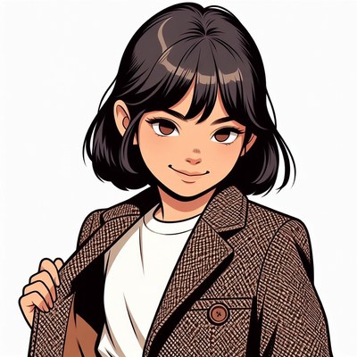Anime girl in tweed blazer smiling
