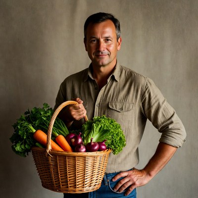 Man holding basket of fresh vegetables