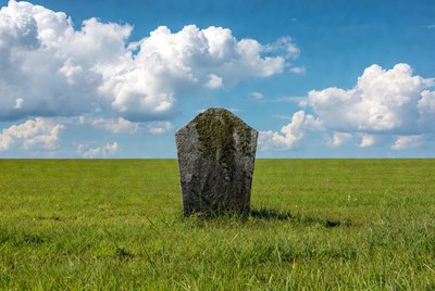 Mossy gravestone in green field