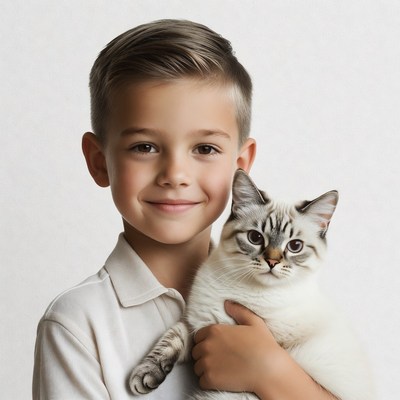 Boy holding white kitten