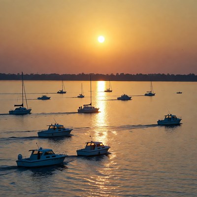 Sailboats on Lake at Sunset