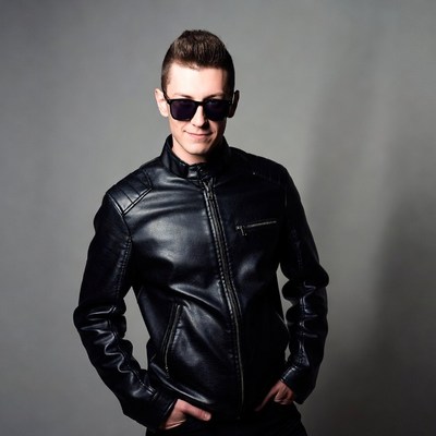 Young man in black leather jacket