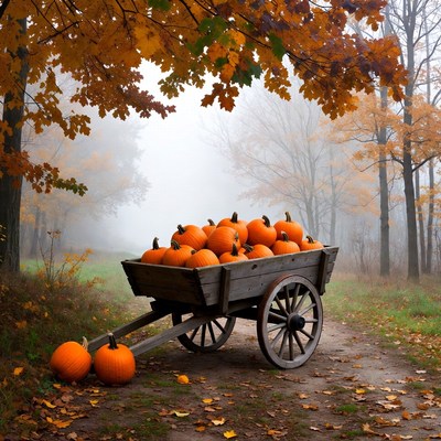 Wooden Cart Full of Pumpkins in Autumn Forest
