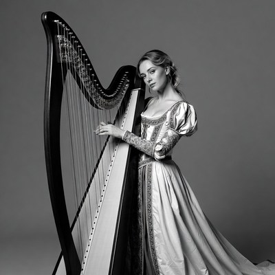 Woman playing harp in gown