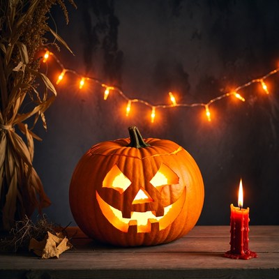 Jack-o'-lantern with candle and cornstalks