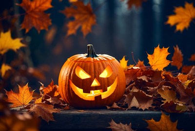 Lit Jack-o-Lantern on Autumn Leaves