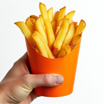 Hand holding french fries in orange cup
