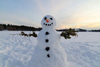 Snowman with carrot nose in snowy landscape
