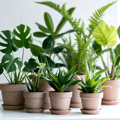 Assortment of houseplants in terracotta pots