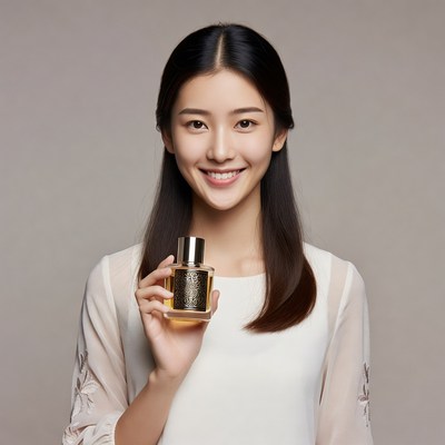 Asian woman holding perfume bottle