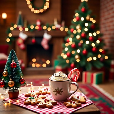 Hot Chocolate with Gingerbread Cookies by Christmas Fireplace
