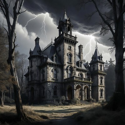 Haunted Gothic Castle in Stormy Forest