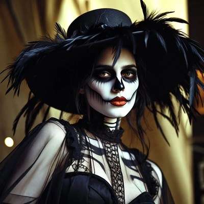 Woman in sugar skull makeup and hat