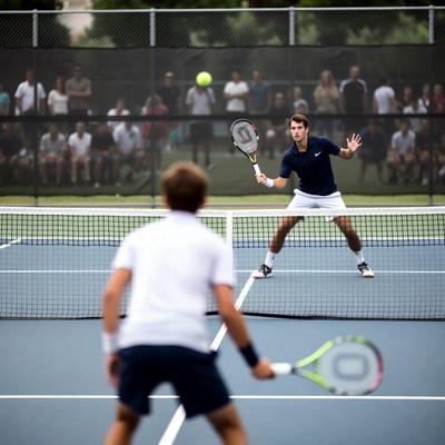 Two men playing tennis match