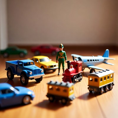 Colorful toy cars trains airplane soldier