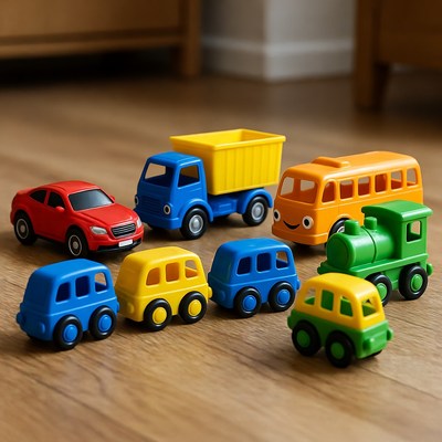 Colorful toy cars and train on floor