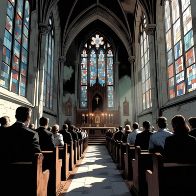 Crowd in Gothic Church with Stained Glass