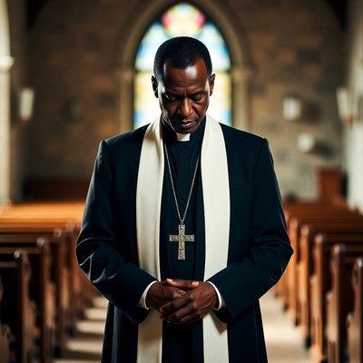 African-American priest praying in church