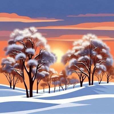 Snowy Trees at Sunset