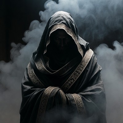 Hooded man in mystical fog