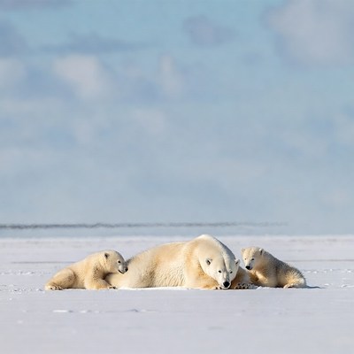 Mother polar bear with two cubs