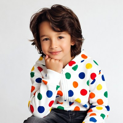 Boy in colorful polka dot hoodie