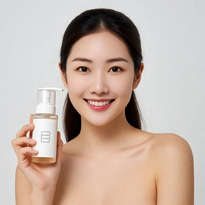 Asian woman holding skincare bottle