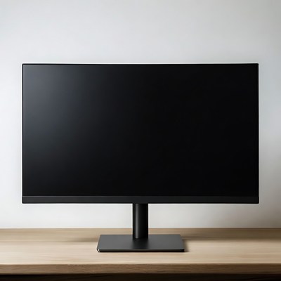 Black monitor on wooden desk