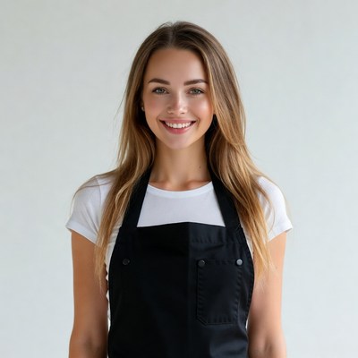 Smiling woman in white shirt black apron
