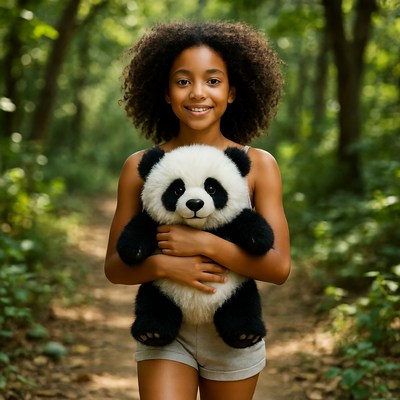 Black girl hugging panda in forest
