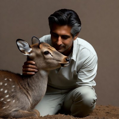 Man kneeling with baby deer