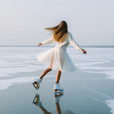 Woman ice skating on frozen lake