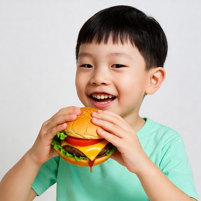 Asian boy eating burger