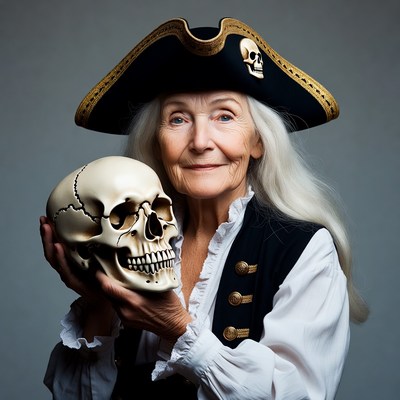 Elderly woman pirate holding skull