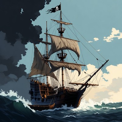 Pirate Ship Sailing Stormy Seas