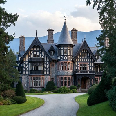 Tudor Mansion in Mountain Forest