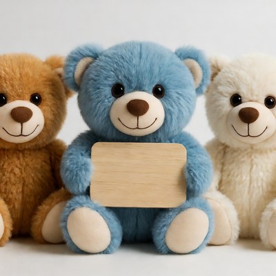 Three teddy bears holding blank sign