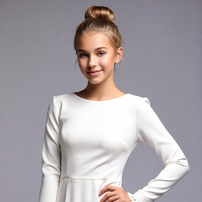 Teen girl in white dress with bun