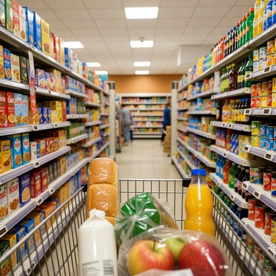 Shopping Cart in Grocery Store Aisle